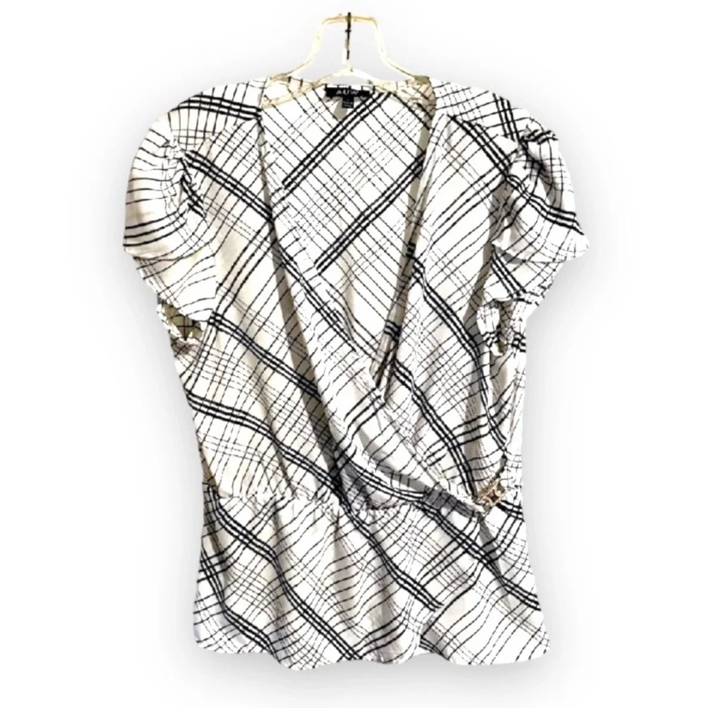 AUW Woman’s Black & White Kris Kross Striped Side Tie Gold Hardware Blouse Large - Picture 11 of 11